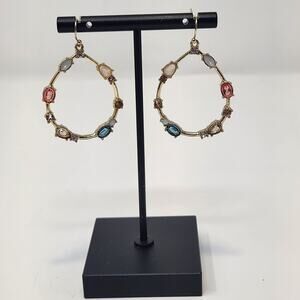 Teardrop Gold Tone Crystal Dangle Drop Hook Earrings Multi Color Stones Oversize